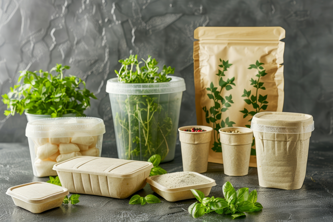 eco friendly biodegradable packaging with fresh herbs sustainable food containers gray